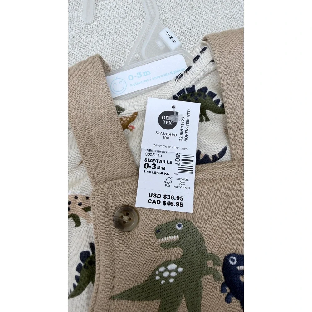 Bundles by Baby Place 0-3M‎ Dinosaur 2-Piece Overall Set Tan New